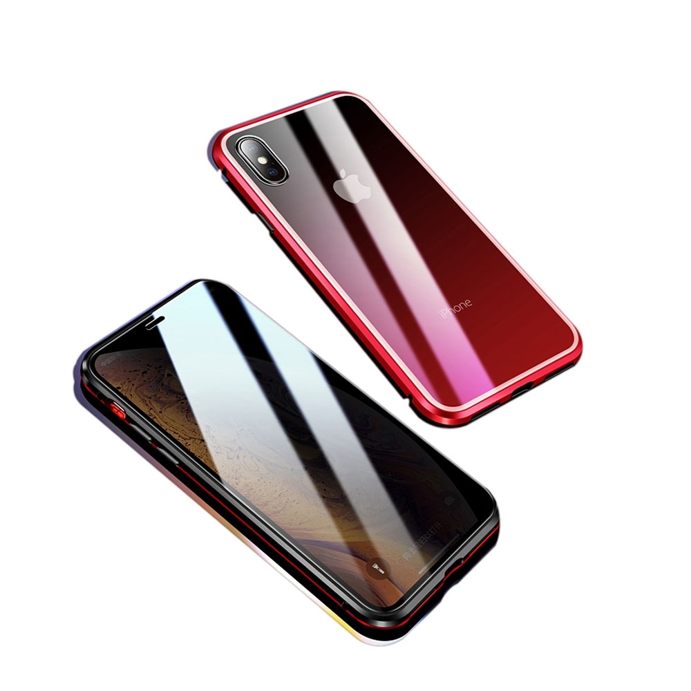 Image of iPhone Xs / X Magnetische Alu Schutzhülle mit Panzer Glas Backcover + Privacy Displayschutz (Magnet-Technologie) - Rot / Schwarz bei Apfelkiste.ch