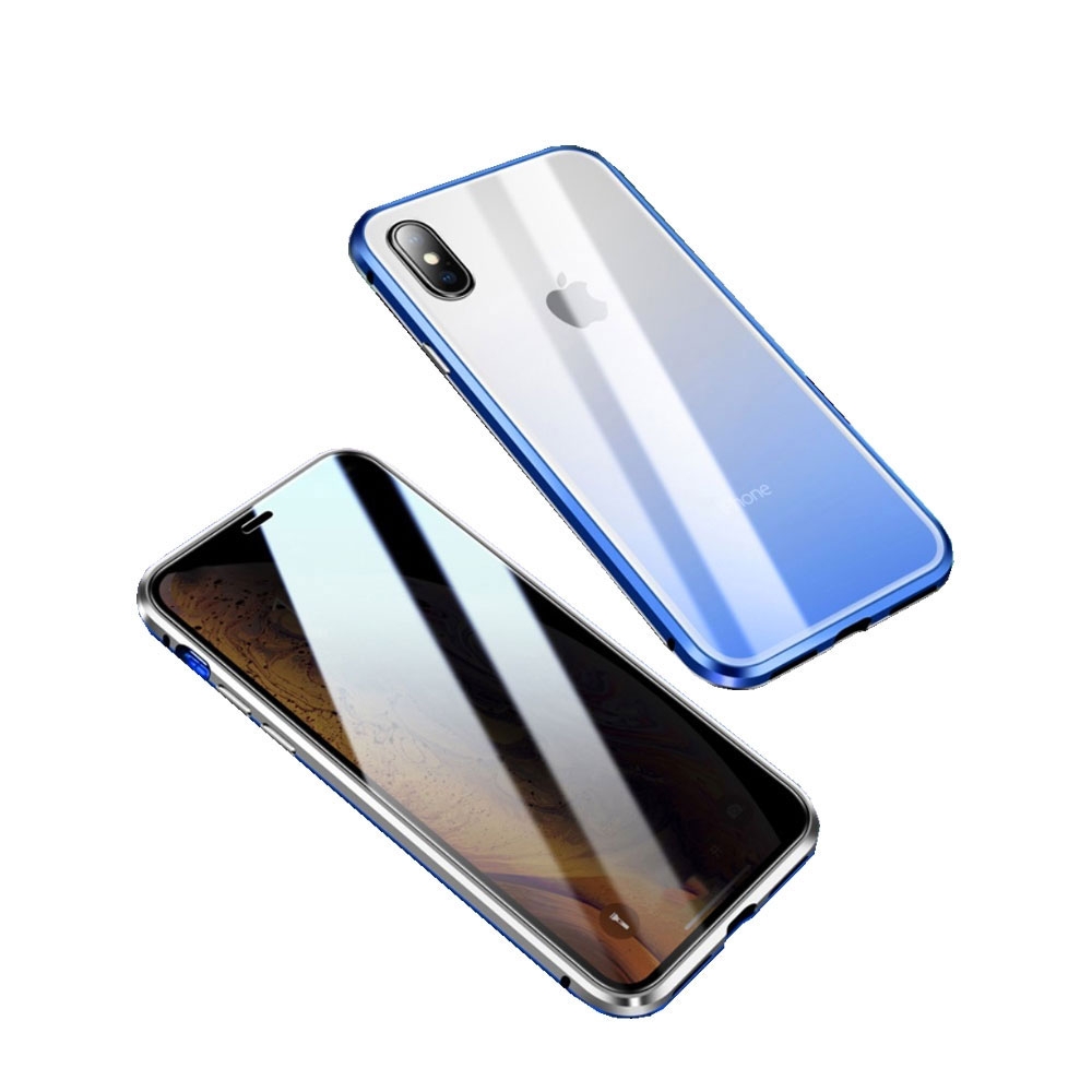 Image of iPhone Xs / X Magnetische Alu Schutzhülle mit Panzer Glas Backcover + Privacy Displayschutz (Magnet-Technologie) - Silber / Blau bei Apfelkiste.ch