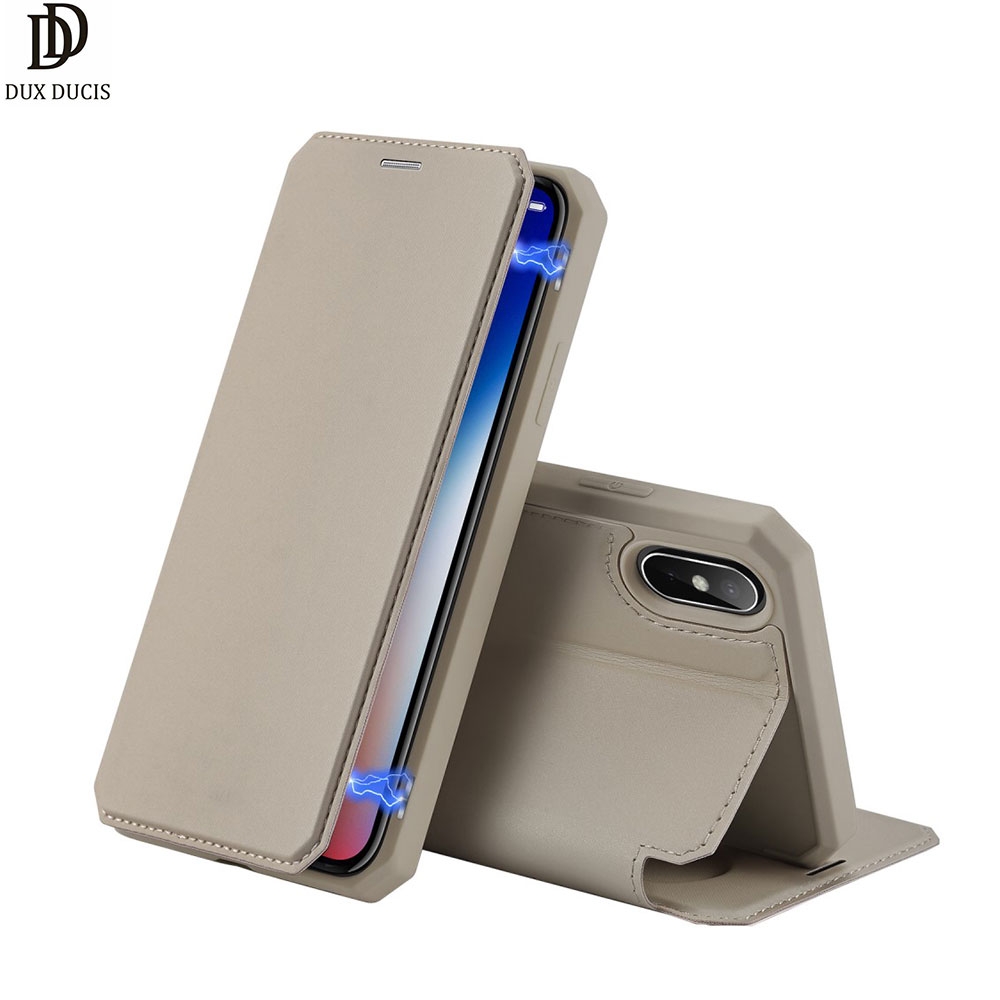 iPhone Xs Max Magnet Flip Wallet Cover Leder Tasche - Braun / Grau