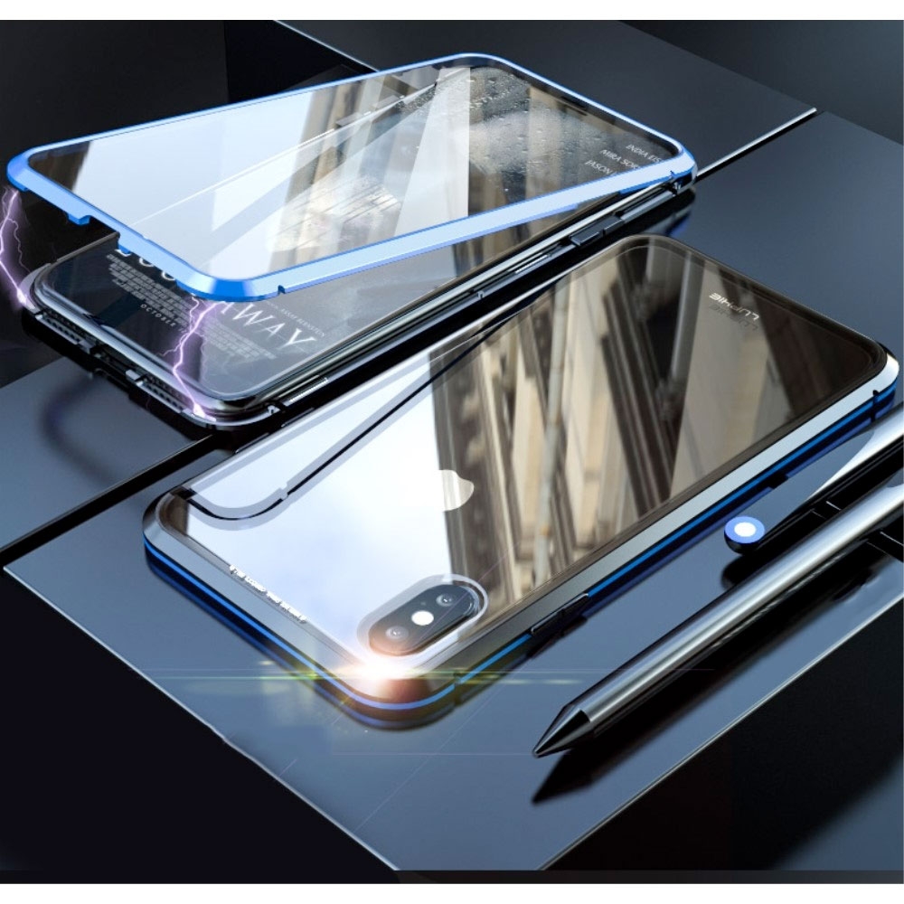 Image of iPhone Xs Max Magnetische Alu Schutzhülle mit Panzer Glas Backcover + Displayschutz (Magnet-Technologie) - Schwarz / Blau bei Apfelkiste.ch