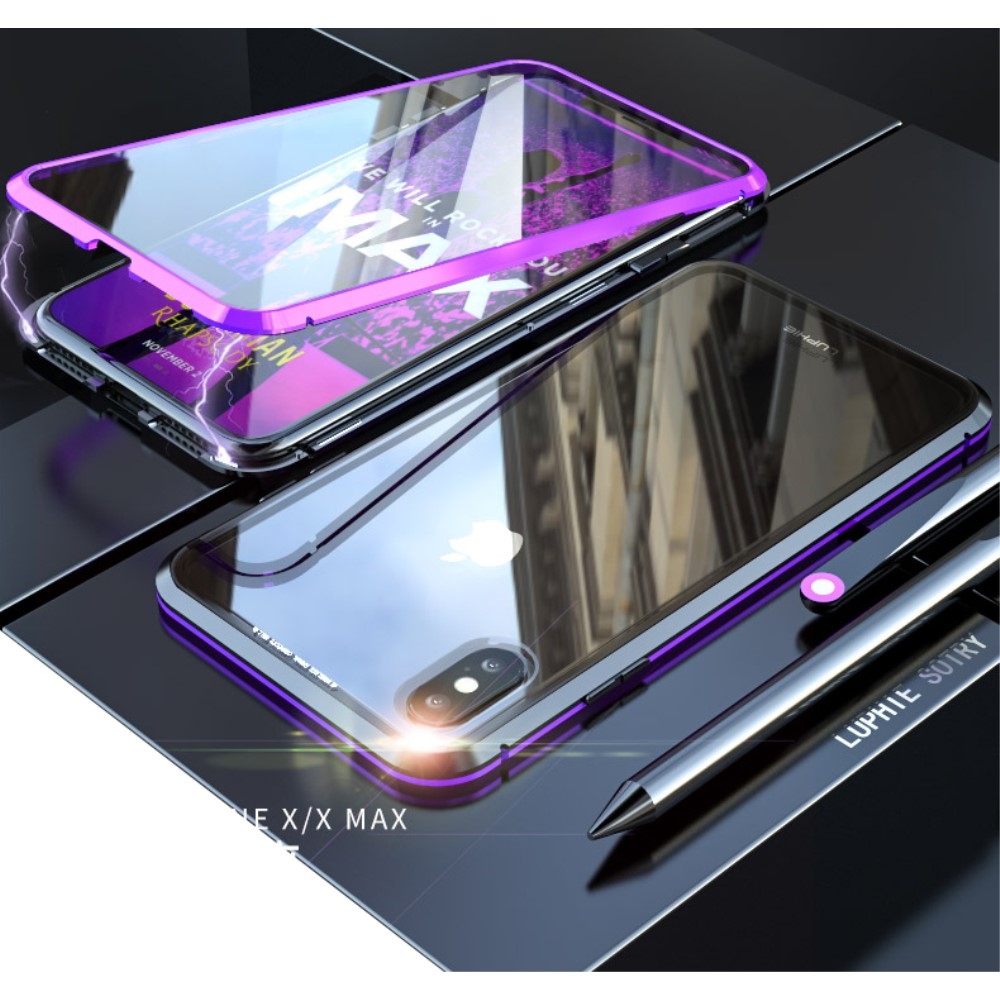 Image of iPhone Xs Max Magnetische Alu Schutzhülle mit Panzer Glas Backcover + Displayschutz (Magnet-Technologie) - Schwarz / Lila bei Apfelkiste.ch
