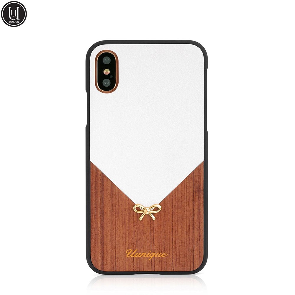 iPhone Xs / X Schutzhülle aus Leder und Holz (UUIP8FSH001) - Weiss / Braun