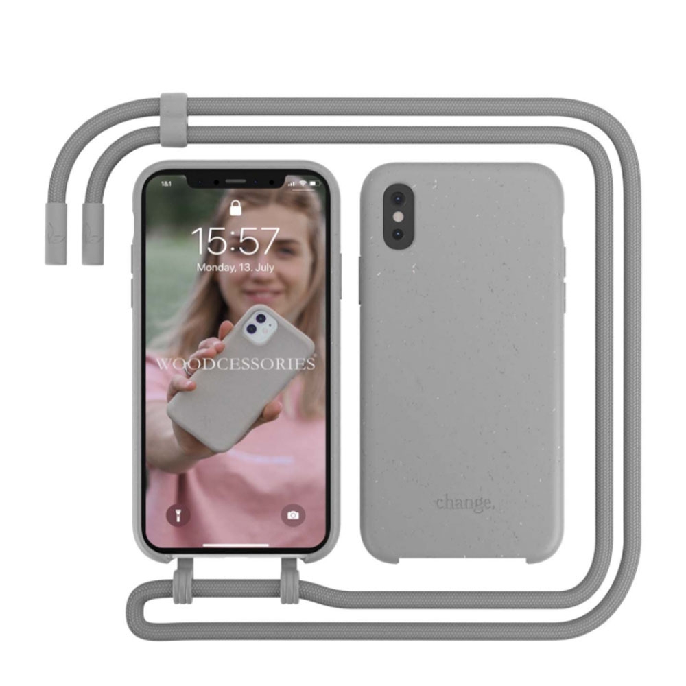 Image of Woodcessories - iPhone Xs / X Change Necklace BioCase Schutzhülle Antimikrobielle Vegan Biologisch Abbaubar + Handykette (CHA007) - Cool Grey (Grau) bei Apfelkiste.ch