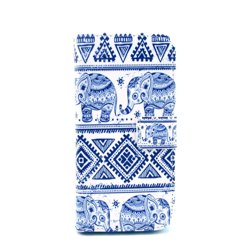 iPhone SE (2020) / 8 / 7 / 6S Leder Tasche Portemonnaie Elefanten Azteken Look - Weiss / Blau