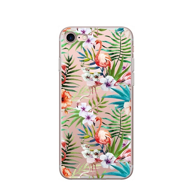 Image of Apfelkiste © - iPhone SE (2022/2020) / 8 / 7 / 6S Gummi Case Hülle Ultra Thin Flamingos & Blumen - Transparent bei Apfelkiste.ch