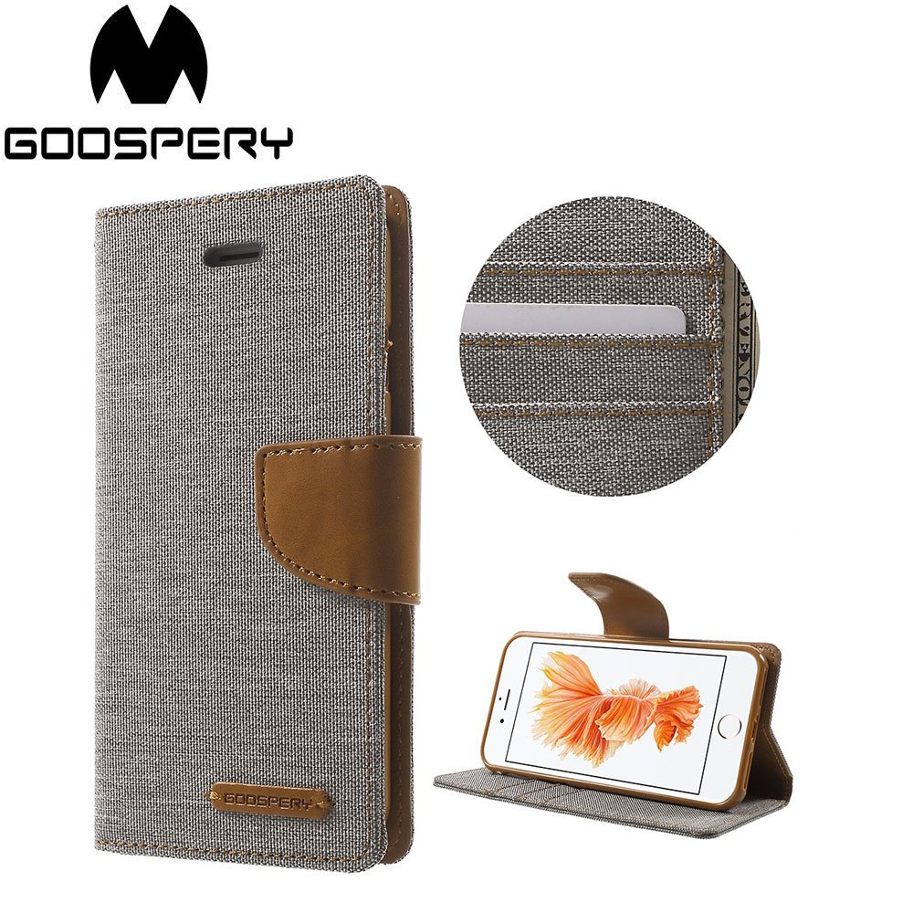 Mercury Goospery - iPhone SE (2020) / 8 / 7 Stoff Tasche Karten Etui Canvas Diary - Grau / Braun