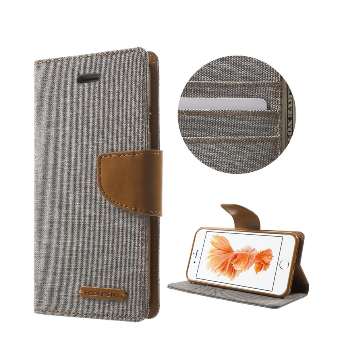 Image of Mercury Goospery - iPhone SE (2022/2020) / 8 / 7 Stoff Tasche Karten Etui Canvas Diary - Grau / Braun bei Apfelkiste.ch