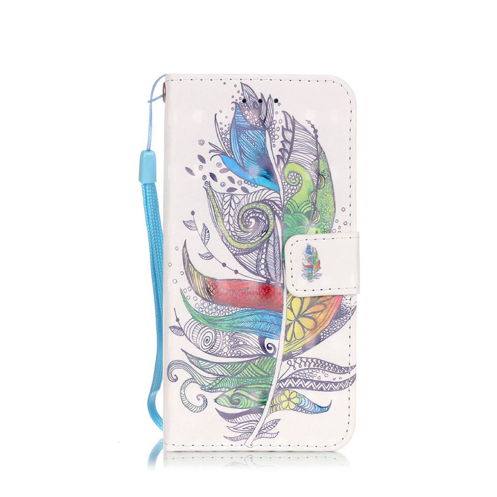 iPhone SE (2020) / 8 / 7 Leder Tasche Flipcase mit Kartenfach + Handschlaufe - Bunte Feder