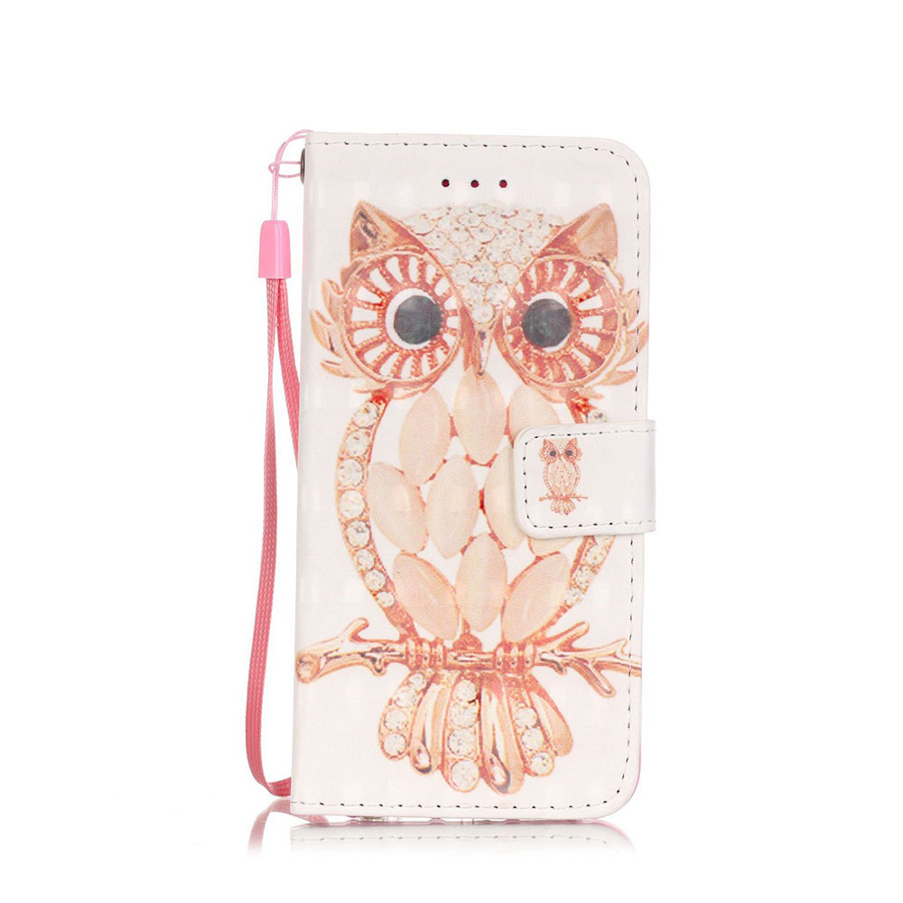 Image of iPhone SE (2022/2020) / 8 / 7 Leder Tasche Flipcase mit Kartenfach + Handschlaufe - Eule bei Apfelkiste.ch