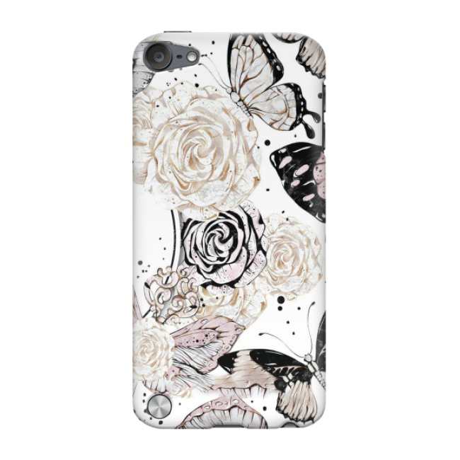 iPod Touch 5 Hardcase Schutzhülle Blumen Schmetterling - Weiss / Rosa