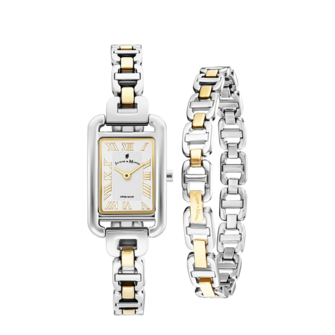 Image of Jacques du Manoir - (22x34.5mm) Laura Quarz Damen Armbanduhr Analog (Gelenkumfang 190-220mm) inkl. Armband - Silber / Gold bei Apfelkiste.ch