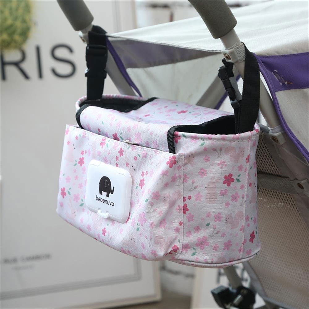 Kinderwagen Organizer Tasche Wickeltasche Aufbewahrungsfächer für Windeln / Milchflasche / Kleidung / Feuchttücher - Eichhörnchen mit Blumen (Rosa)