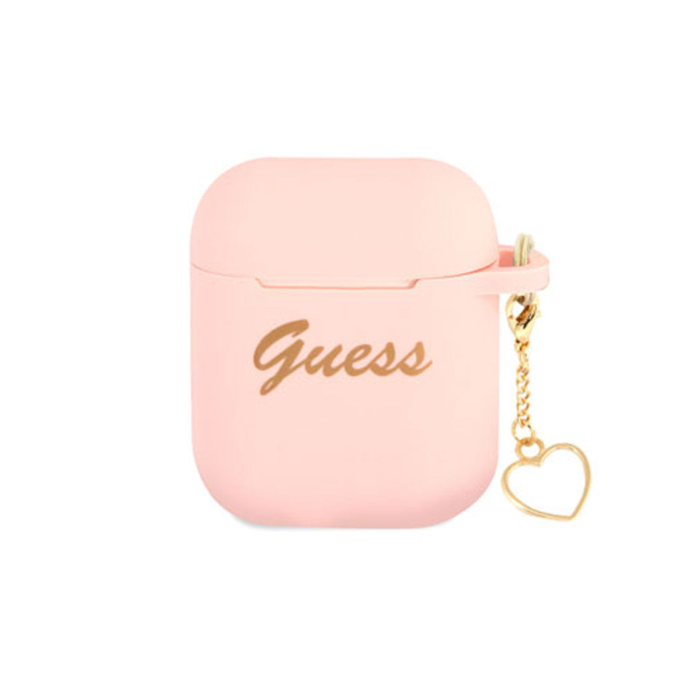 Image of Guess - AirPods (1. & 2. Generation) Silikon Schutzhülle + Herz Anhänger (GUA2LSCHSP) - Rosa / Gold bei Apfelkiste.ch