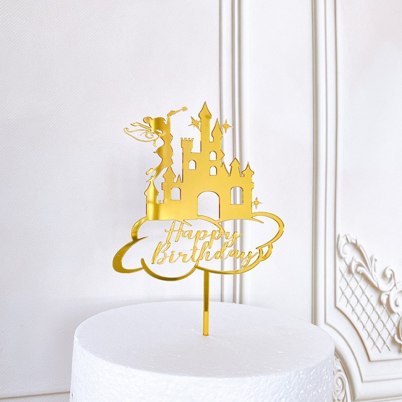 Image of Kuchenstecker Happy Birthday Märchenschloss Acryl Tortenstecker Topper Dekoration für Torten / Kuchen - Gold bei Apfelkiste.ch