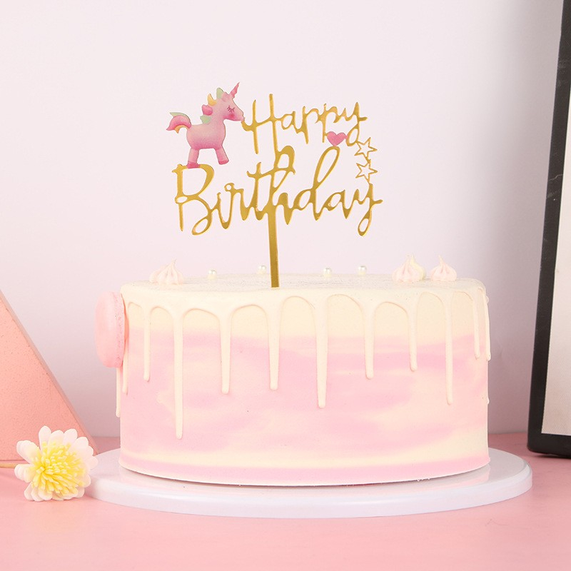 Image of Kuchenstecker Happy Birthday mit Süssem Einhorn Acryl Tortenstecker Topper Dekoration für Torten / Kuchen - Gold bei Apfelkiste.ch