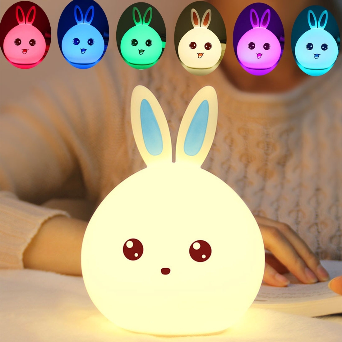 Image of Süsse LED Kinder Nachtlicht Lampe USB Silikon Stimmungsleuchte Hase mit Touch-Funktion - Weiss / Blau bei Apfelkiste.ch
