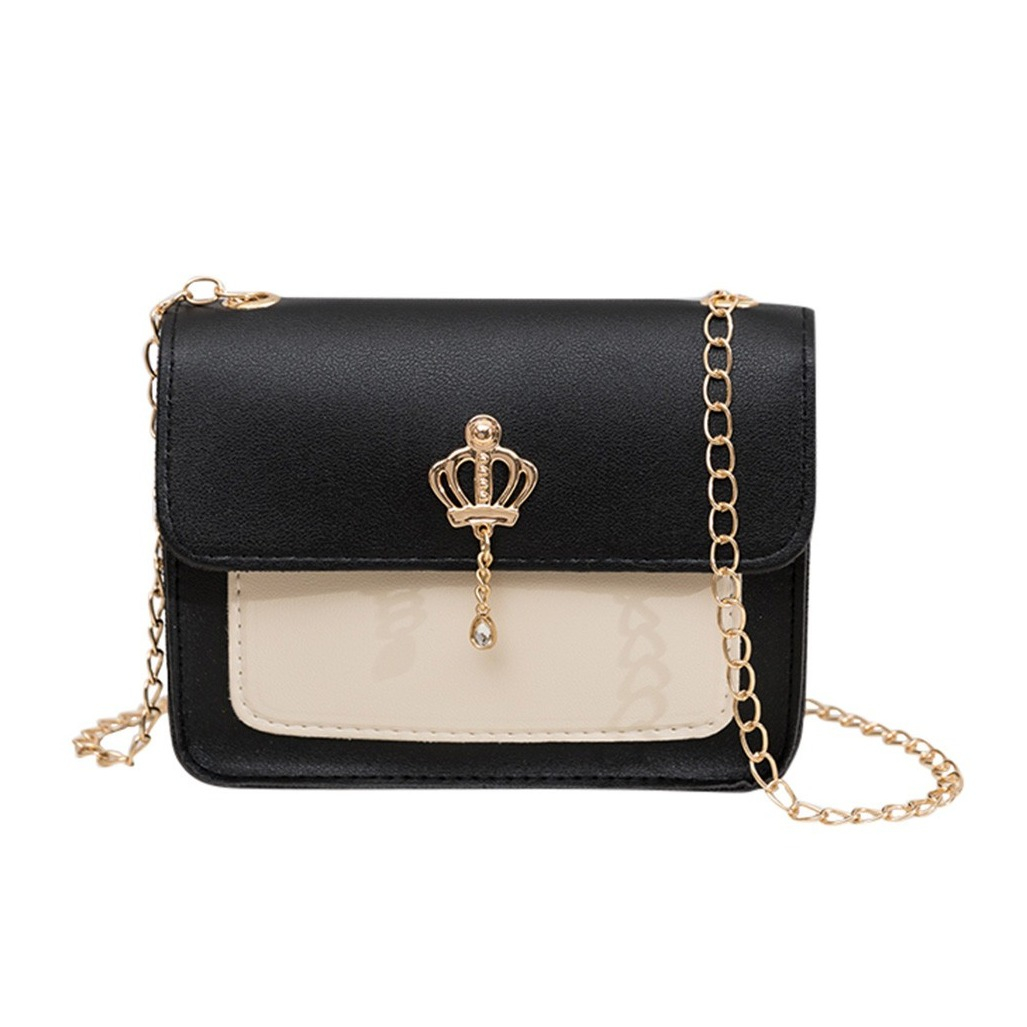 Image of Leder Clutch Handtasche Fashion Umhänge Schulter Tasche mit Krone - Schwarz / Beige / Gold bei Apfelkiste.ch