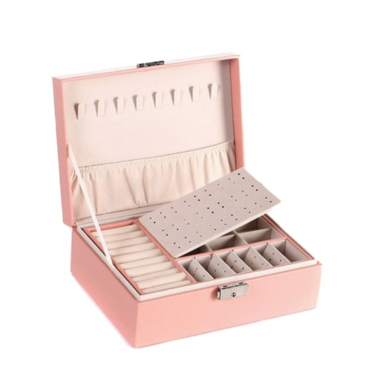 Image of Leder Schmuckschatulle mit Schloss Aufbewahrungsbox Organizer für Ringe / Halskette / Ohrenring / Armbänder - Rosa bei Apfelkiste.ch