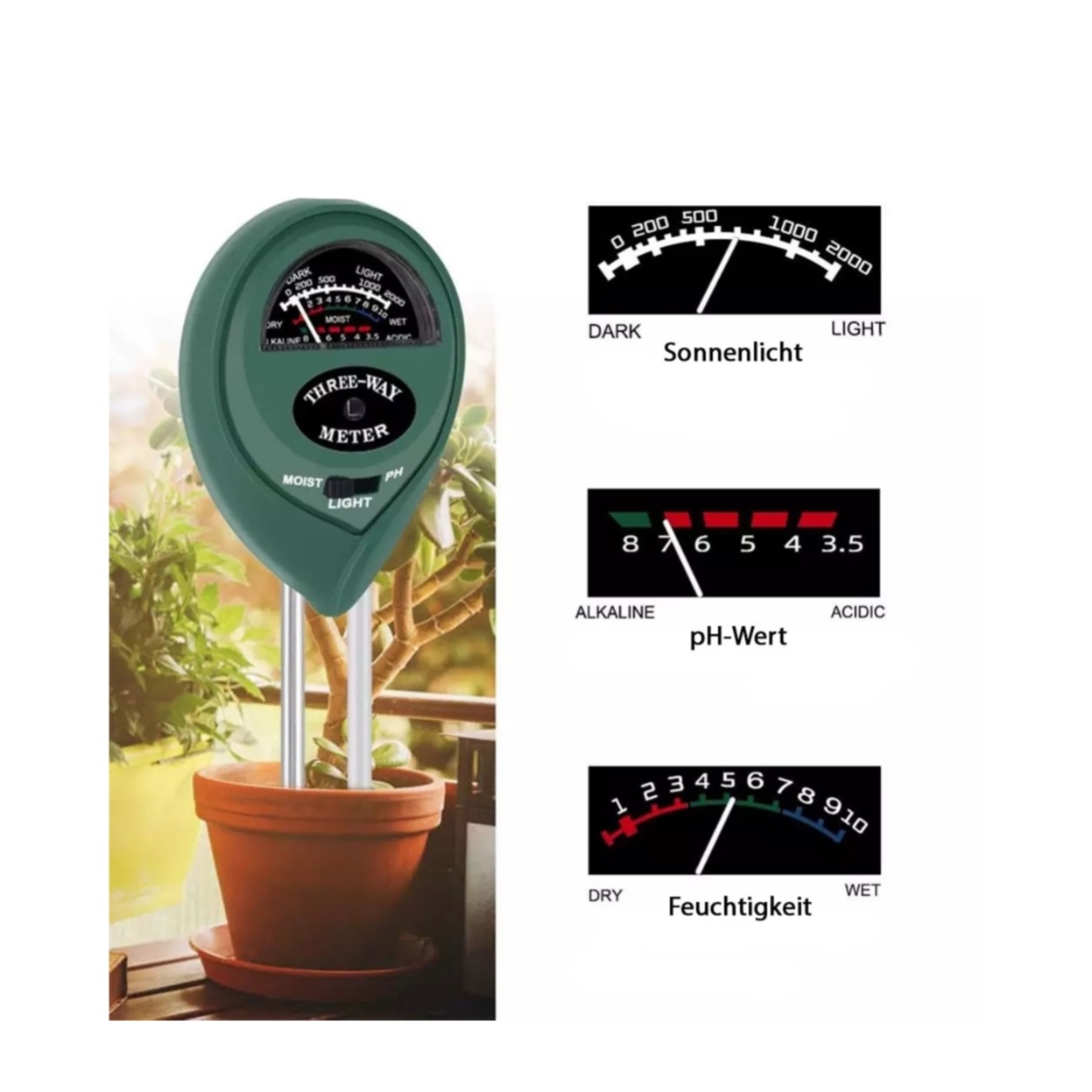 Image of Lemonda - 3in1 pH-Wert Pflanzenerde Boden-Tester Garten Messgerät Feuchtigkeit / Sonnenlicht bei Apfelkiste.ch