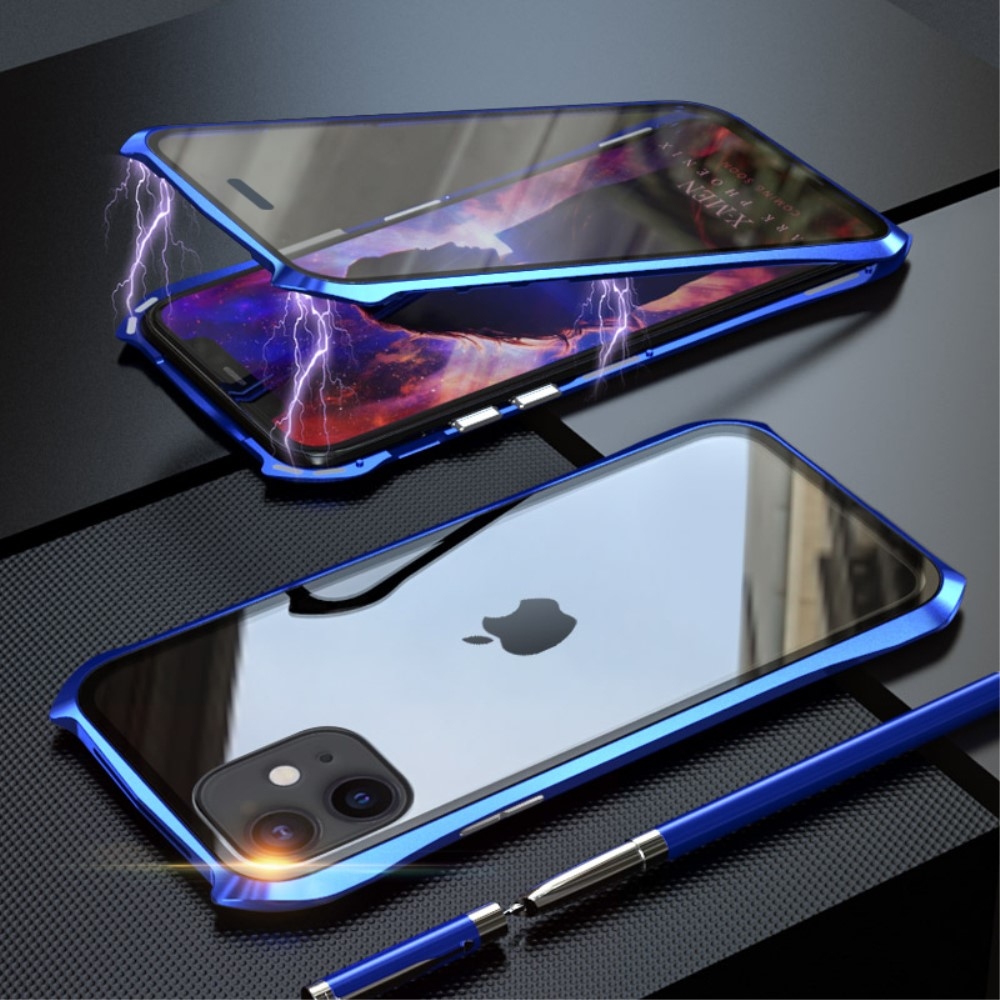iPhone 11 Magnetische Alu Schutzhülle mit Panzer Glas Backcover mit verstärkten Ecken + Displayschutz (Magnet-Technologie) - Blau