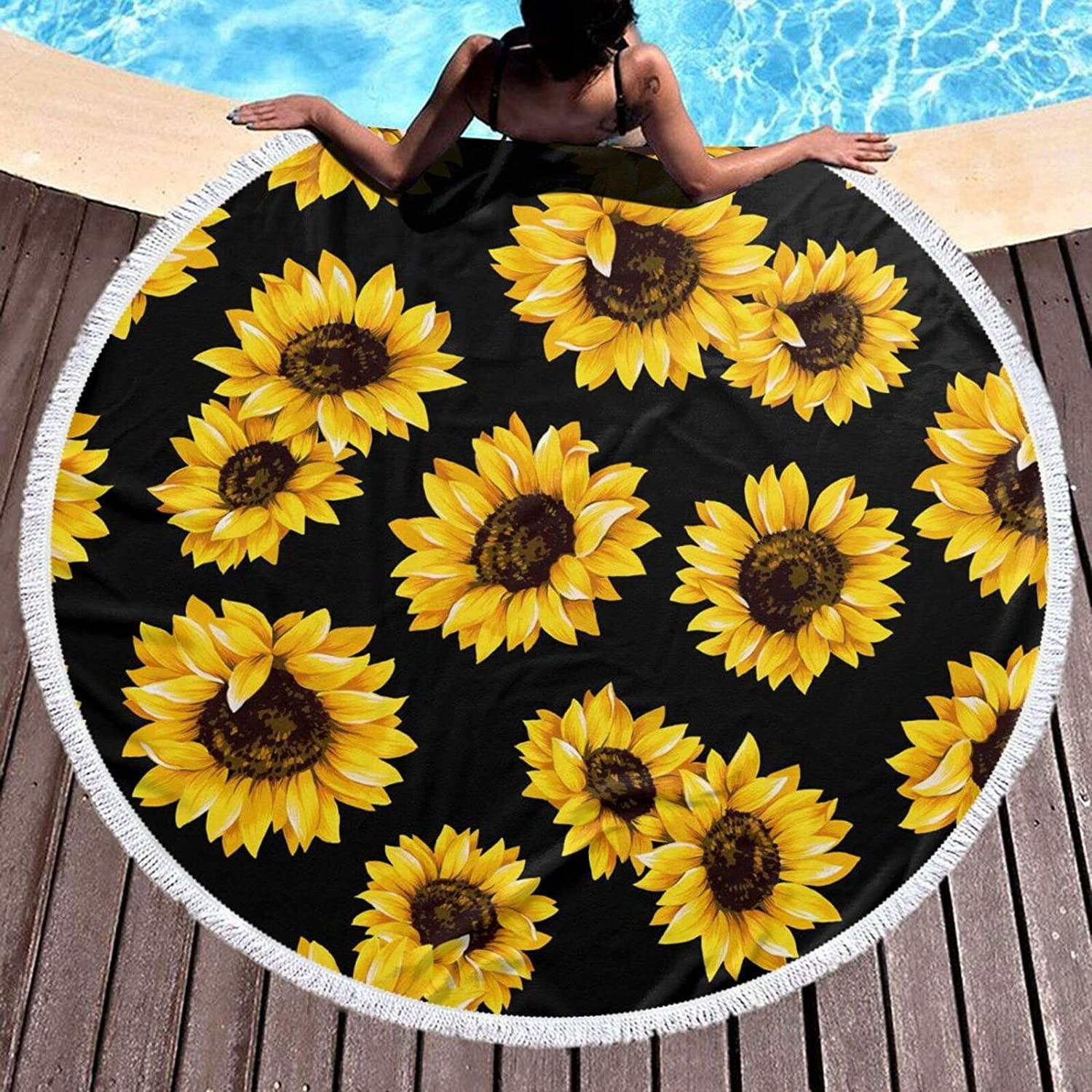 Image of Robustes Mikrofaser Strandtuch Handtuch Beach Roundie (460g / 150cm) Sonnenblumen - Gelb / Schwarz bei Apfelkiste.ch