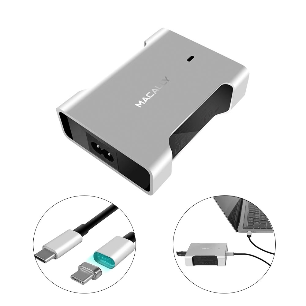 Image of Macally - (20V / 3A) 61W Aluminium Universal USB / USB C Schnellladegerät Netzladegerät (MA-CHARGER61-EU) + Magnet Sicherheitsstecker - Silber bei Apfelkiste.ch