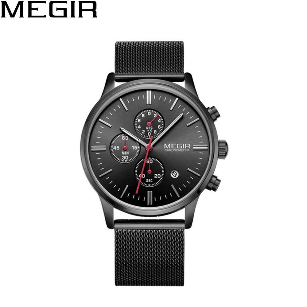 Analoge Quarz Herrenuhr Armbanduhr mit Chronograph Milanaise Armband - Schwarz