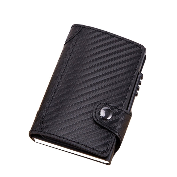 Image of Mini Kreditkarten Leder Etui Geldbörse mit Kartenauswurf-Mechanismus für 8 Karten (RFID Schutz) - Schwarz / Carbon bei Apfelkiste.ch