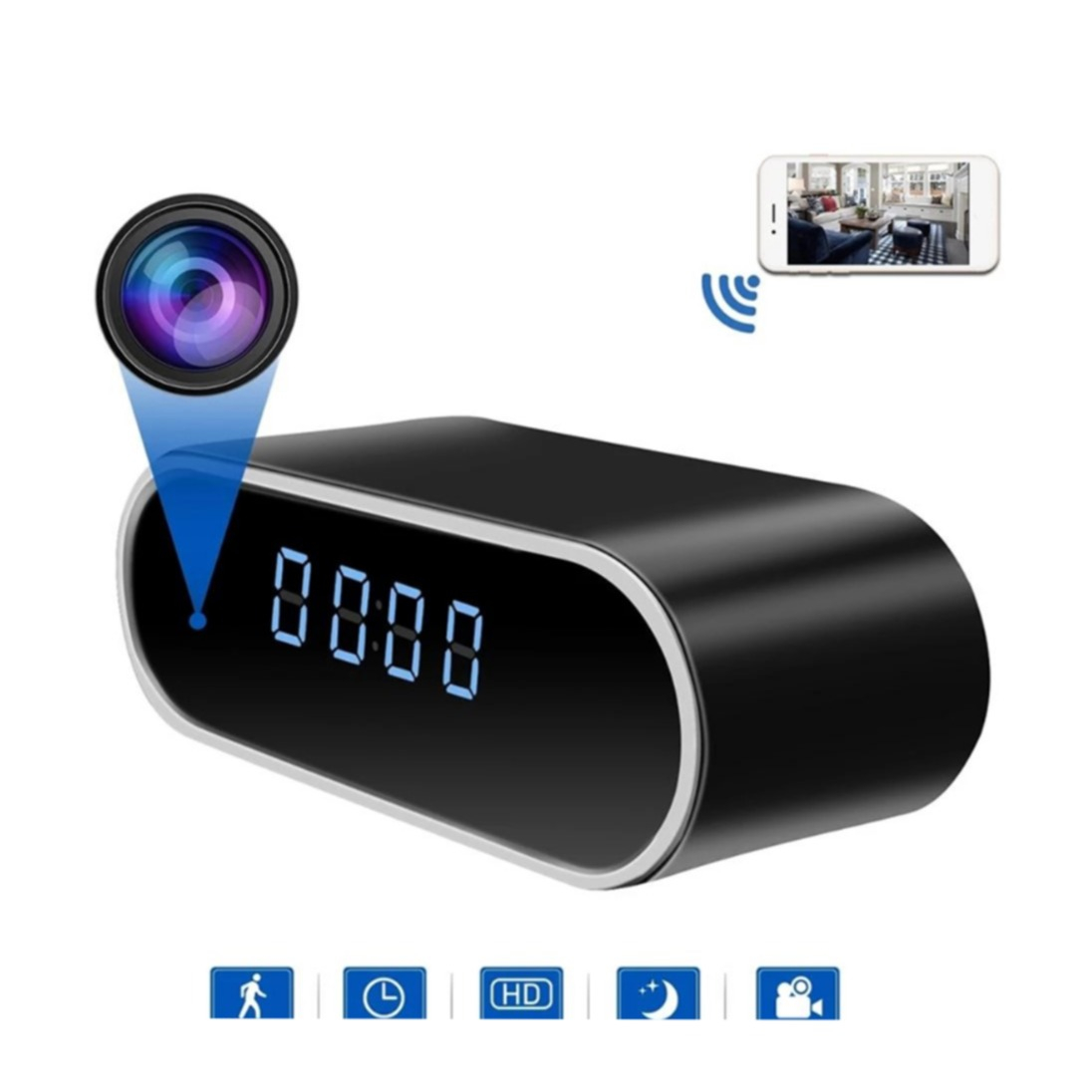 Image of Digitaler Wecker mit Mini WiFi IP Kamera FullHD 1080p Infrarot LED's mit Nachtsichtfunktion und Akku (2600mAh) + Micro SD Kartenslot - Schwarz bei Apfelkiste.ch