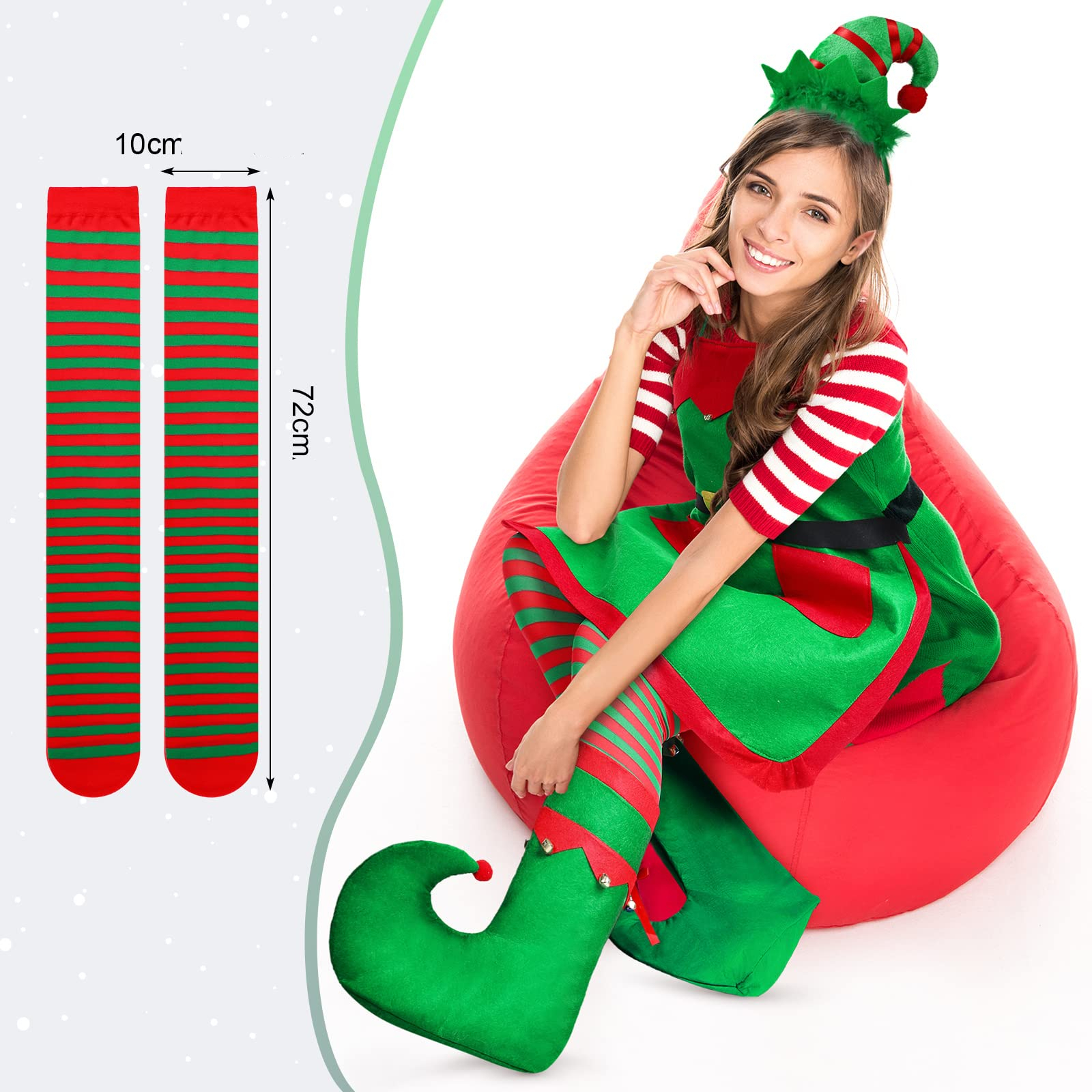 Weihnachtself Kostüm Set – Hut, Schuhüberzüge & Socken Für Erwachsene, Rot-grün Mit Glöckchen