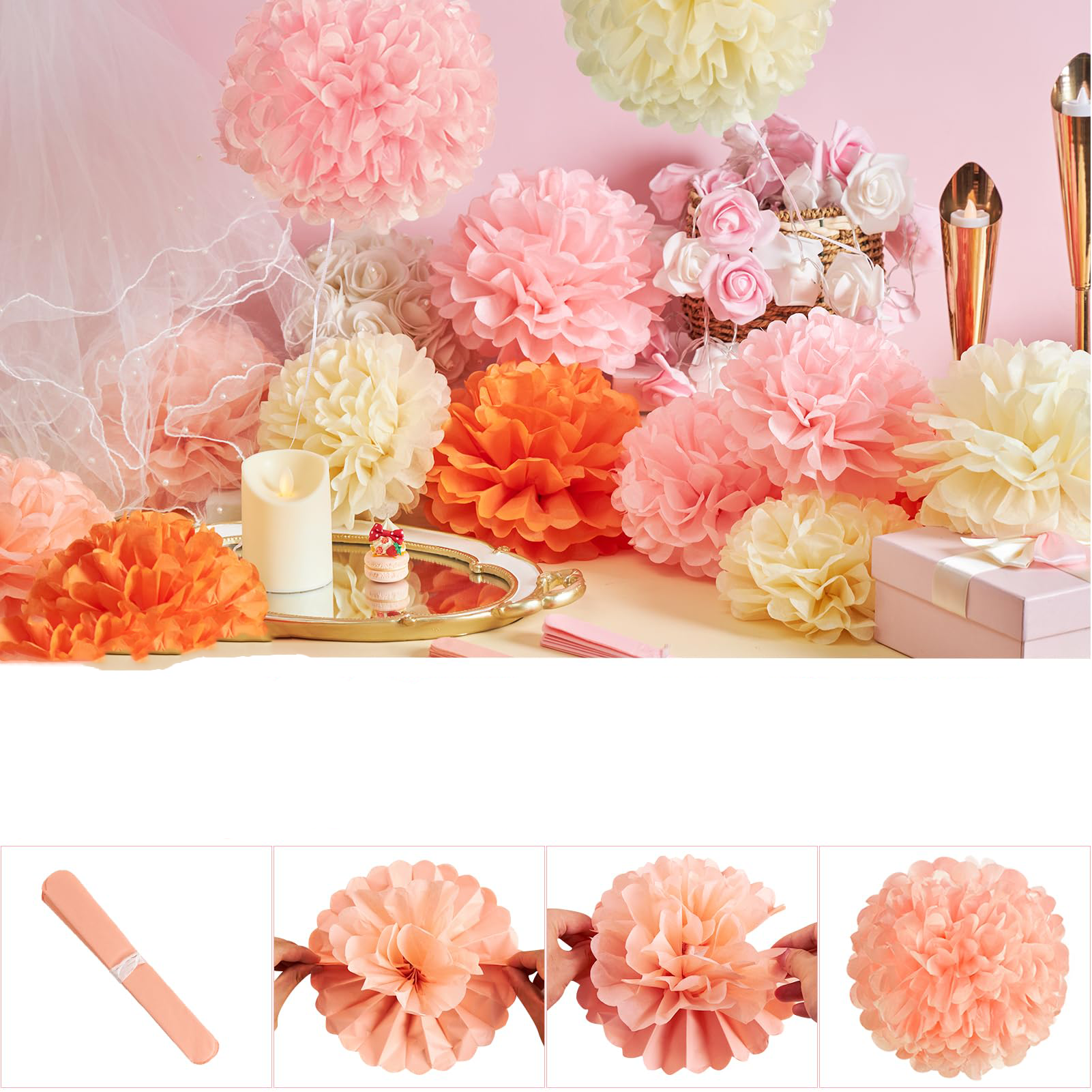15er Set Papier Pompon's Deko Party Rosa/Orange/Creme