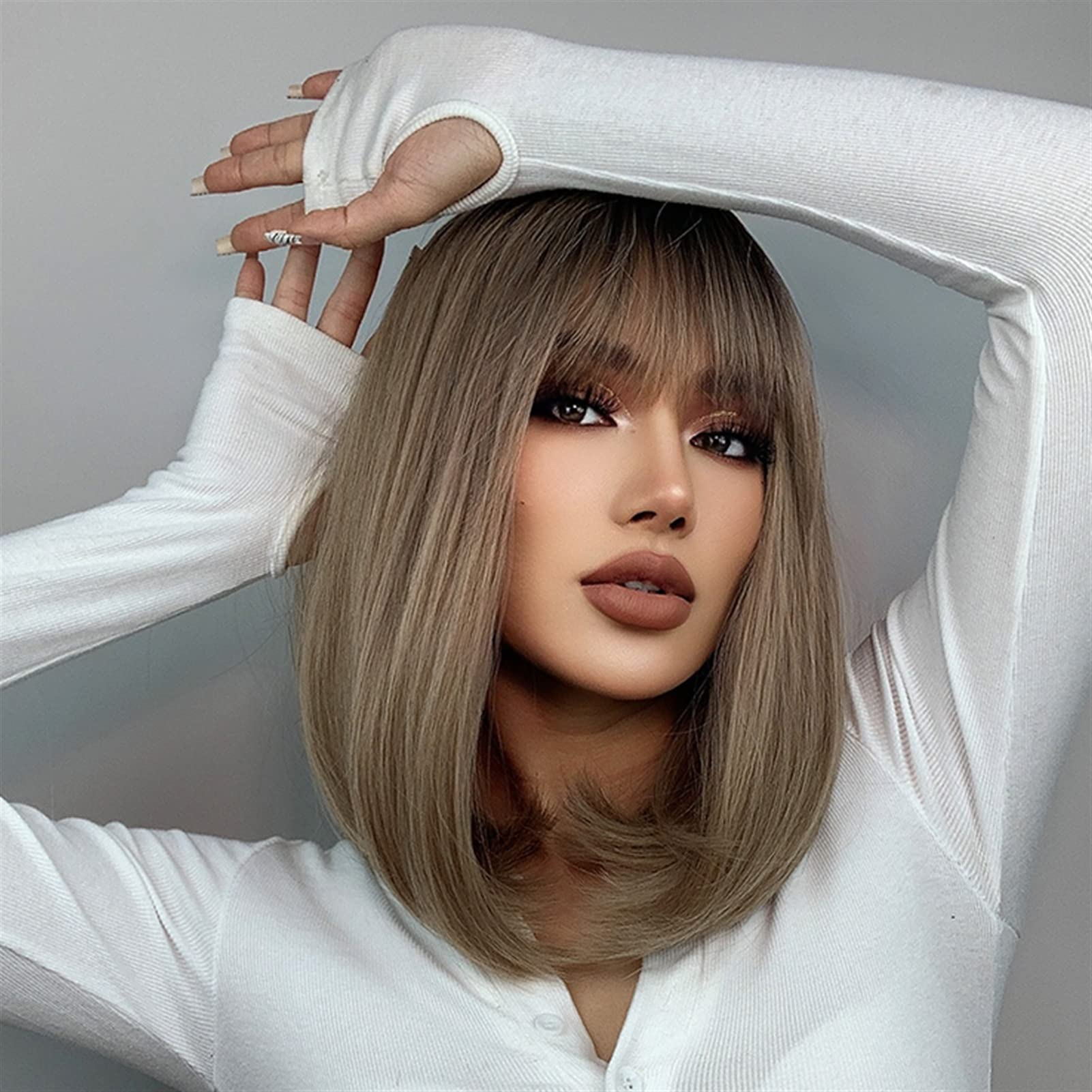 Perruque Synthétique Blonde Racines Foncées Mi-longue 40cm - Bonnet Moyen, Frange