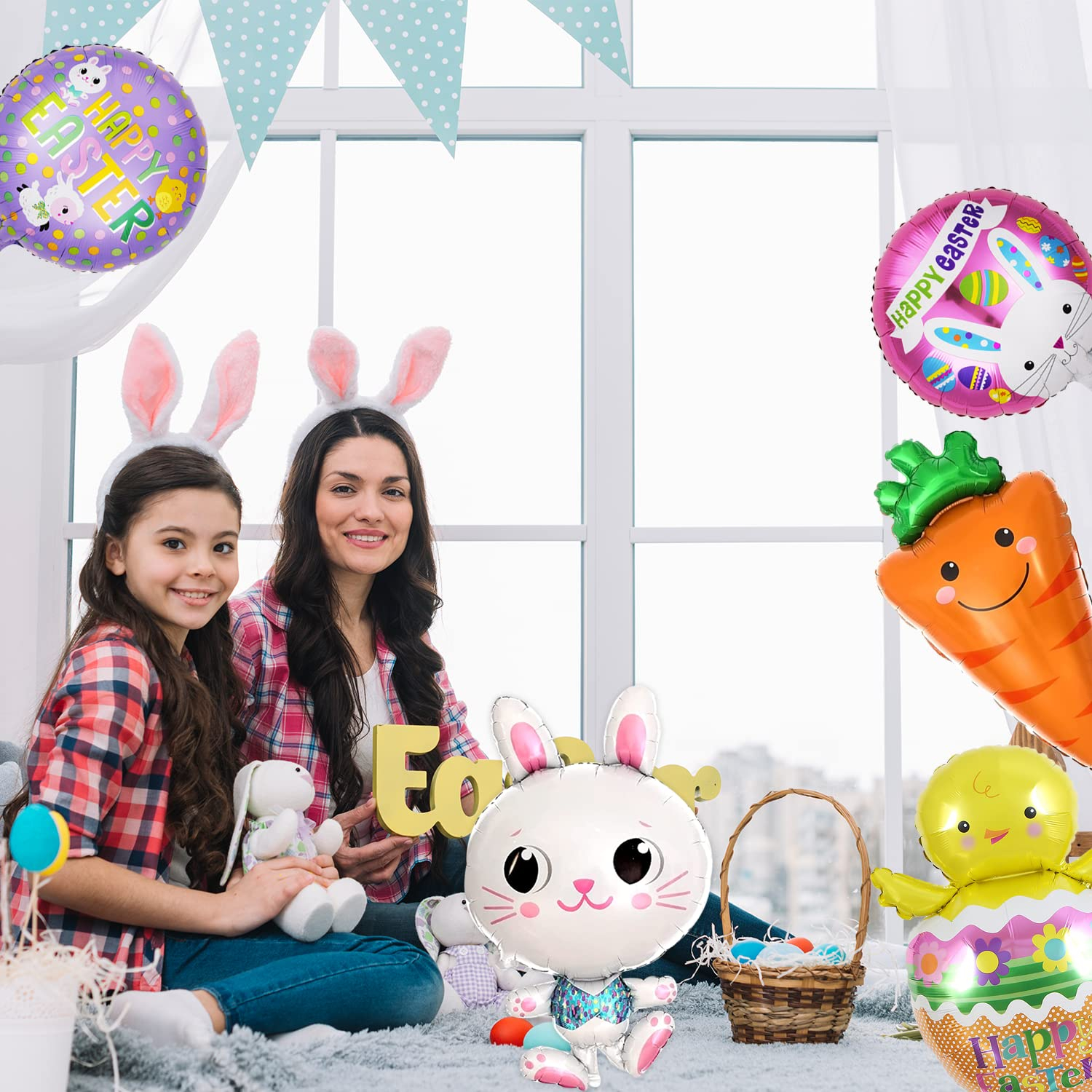 4 Stück Oster-Folienballons (Hase, Karotte, Küken, Ei) – Für Osterdekoration, Größen 51–95 Cm, Selbstversiegelnd