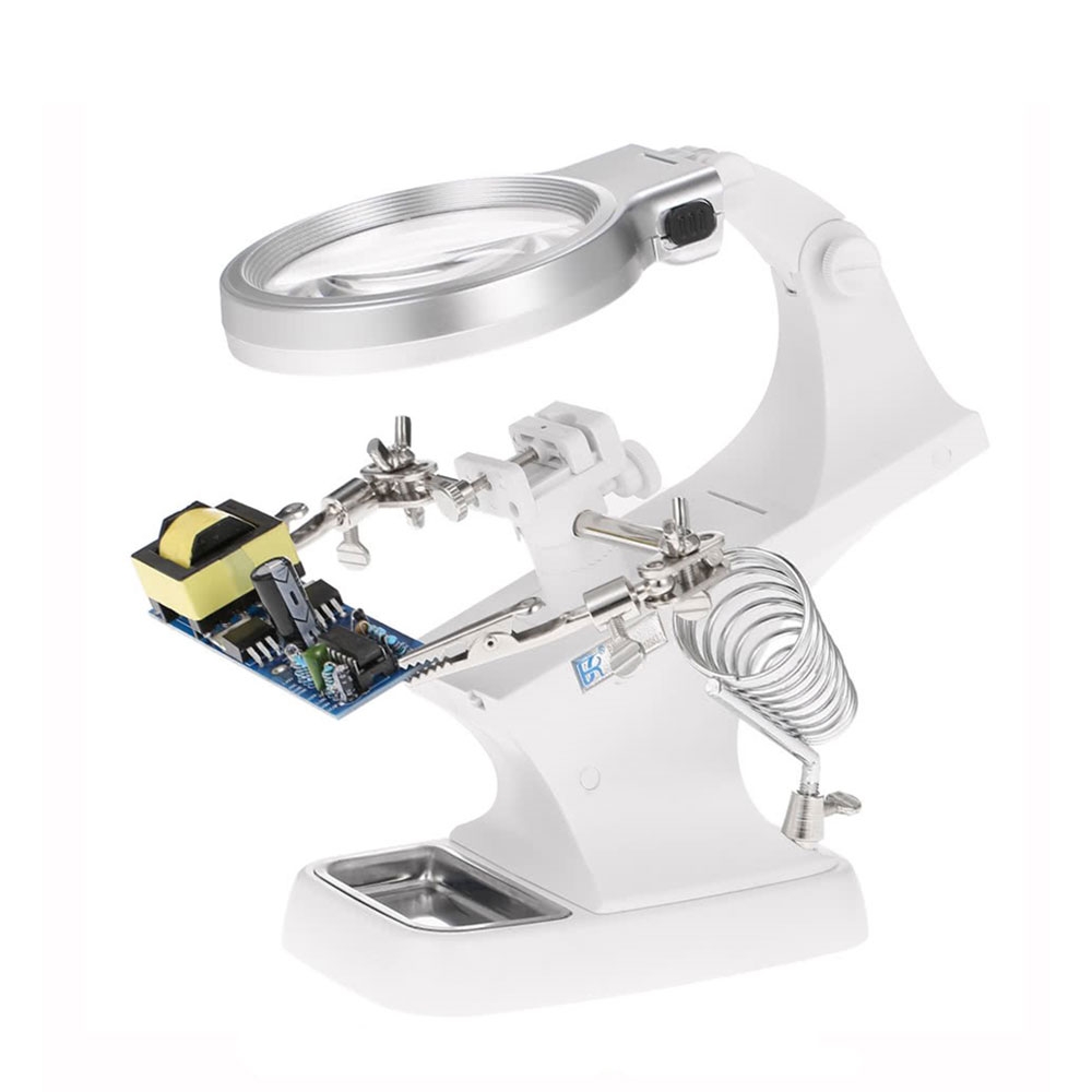 Multifunktions LED Lupe (3x Vergrösserung) Krokodilklemme mit verschiedenen Aufsätzen + Lötkolben Halterung - Weiss