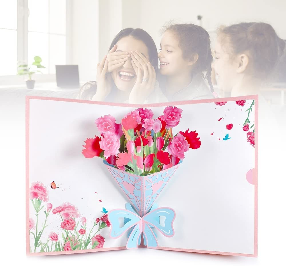 Image of Muttertags Glückwunschkarte Pop-Up Doppelkarte + Umschlag - Tulpen / Rosen bei Apfelkiste.ch