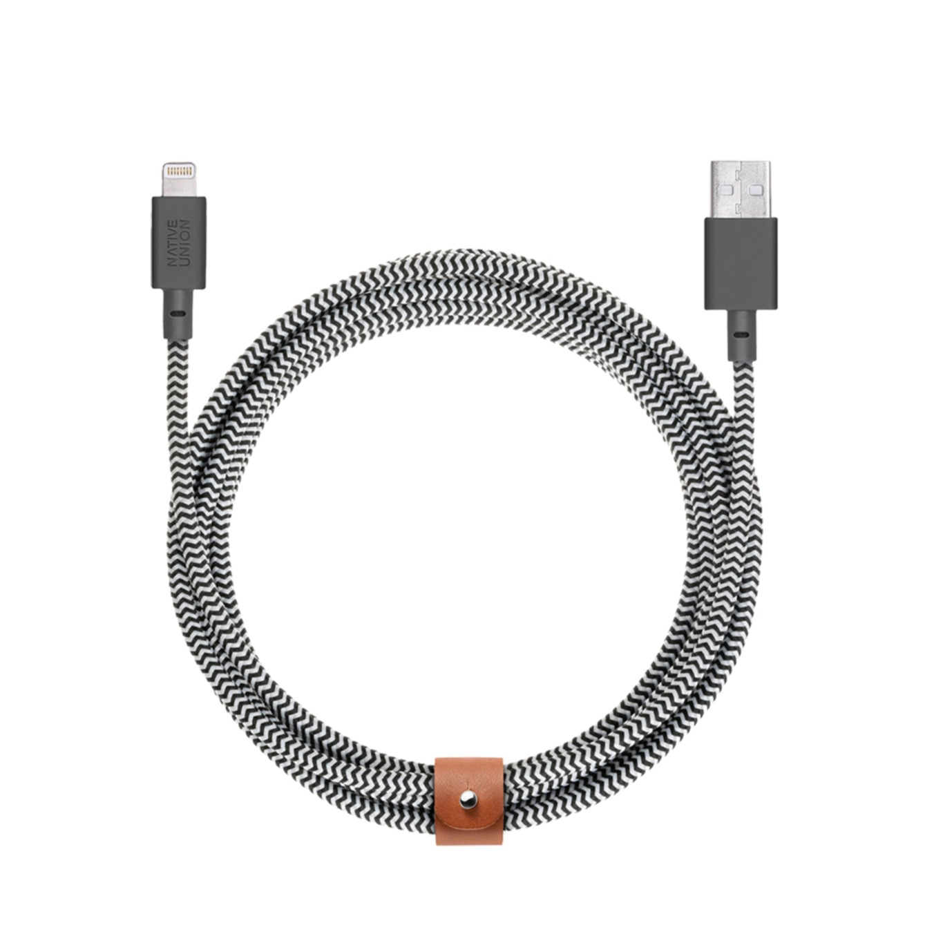 Image of Native Union - (3m) Belt MFi USB auf Lightning Ladekabel Nylon Datenkabel mit Leder Band (NU-BELT-KV-L-ZEB-3) - Zebra bei Apfelkiste.ch