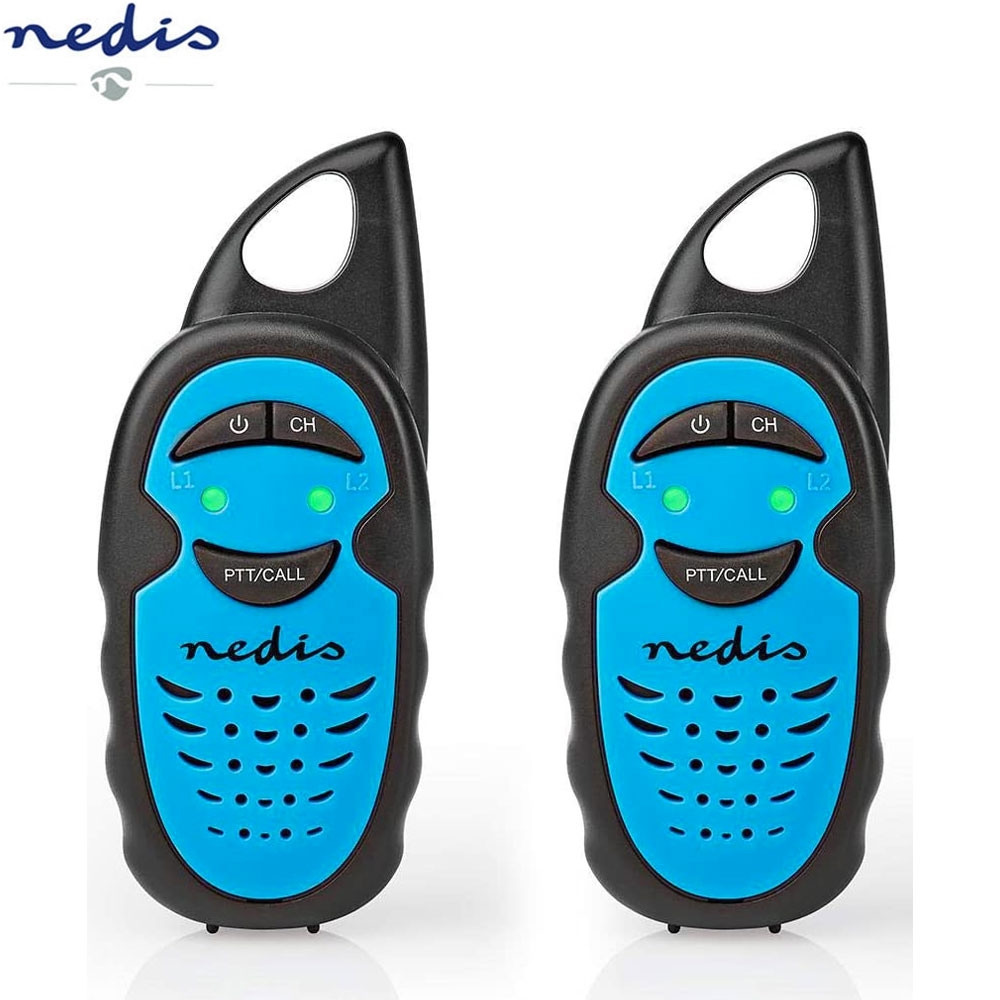(2er Pack) Nedis - PMR Walkie Talkie mit LCD Anzeige 3 km Reichweite 3 Kanäle (WLTK0300BU) - Schwarz / Blau