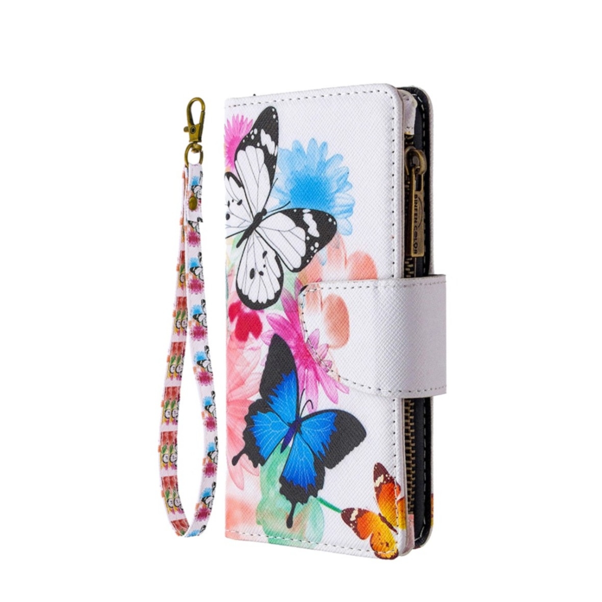 Image of Nokia 1.3 Leder Wallet Etui Tasche mit 9 Kartenfächern + Münzfach - Blumen & Schmetterlinge bei Apfelkiste.ch