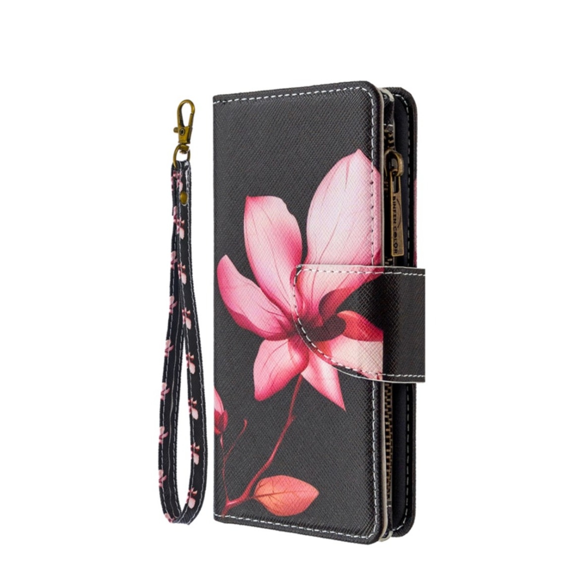 Image of Nokia 1.3 Leder Wallet Etui Tasche mit 9 Kartenfächern + Münzfach - Pinke Blume bei Apfelkiste.ch