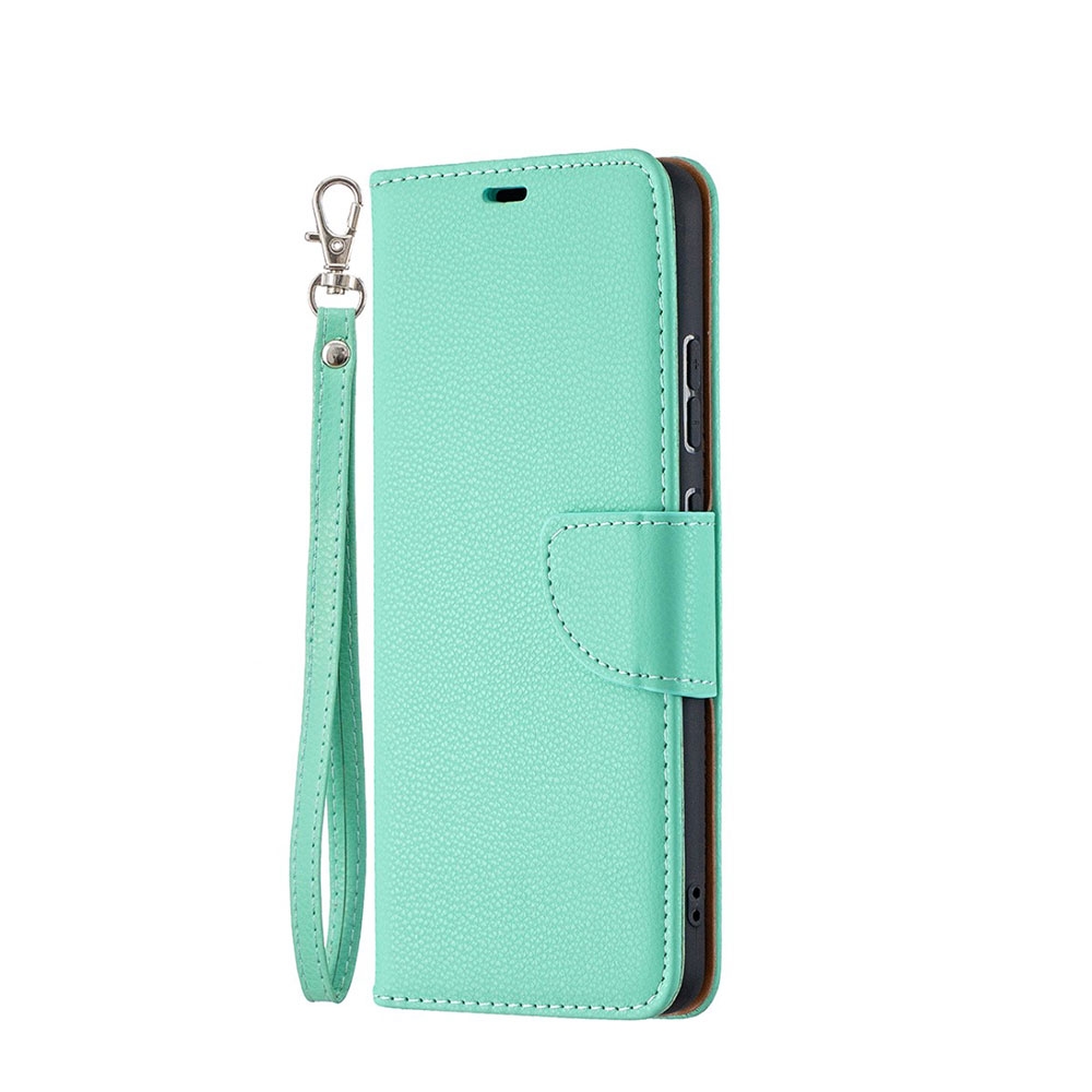 Image of Nokia 2.4 Leder Tasche Flip Cover im Litchi Look mit Kartenfach + Handschlaufe - Türkis bei Apfelkiste.ch