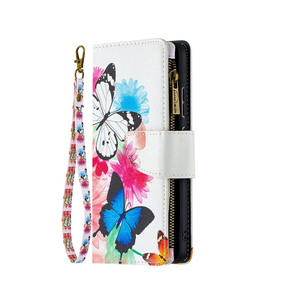 Image of Nokia 2.4 Leder Wallet Etui Tasche mit 9 Kartenfächern + Münzfach - Blumen & Schmetterlinge bei Apfelkiste.ch
