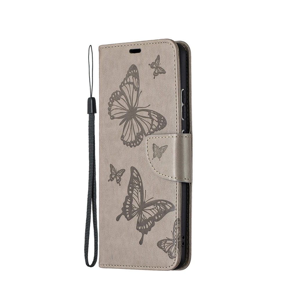 Image of Nokia 2.4 Leder Tasche mit Kartenfach + Handschlaufe Schmetterling - Grau bei Apfelkiste.ch