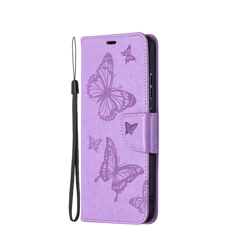 Image of Nokia 2.4 Leder Tasche mit Kartenfach + Handschlaufe Schmetterling - Lila bei Apfelkiste.ch