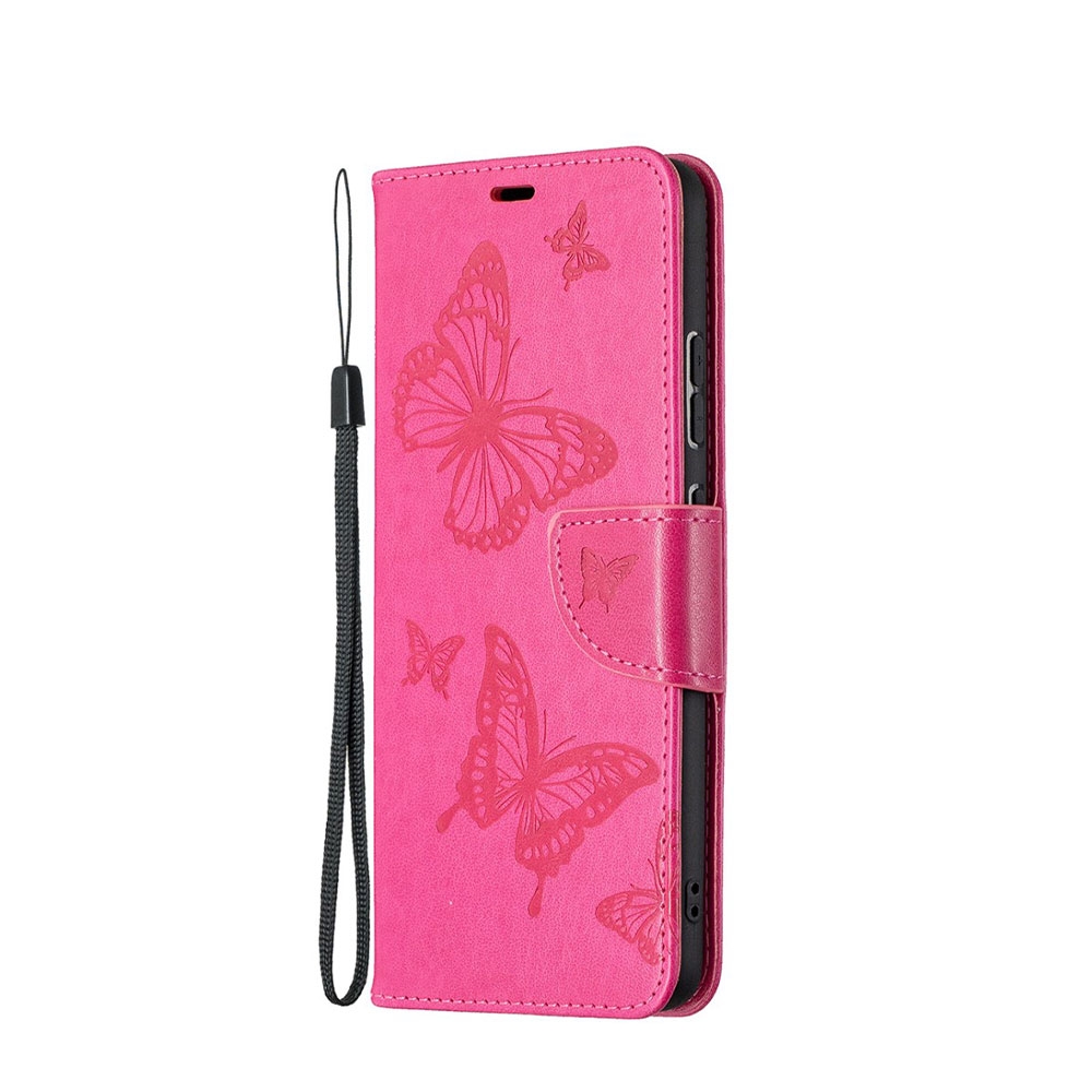 Image of Nokia 2.4 Leder Tasche mit Kartenfach + Handschlaufe Schmetterling - Pink bei Apfelkiste.ch