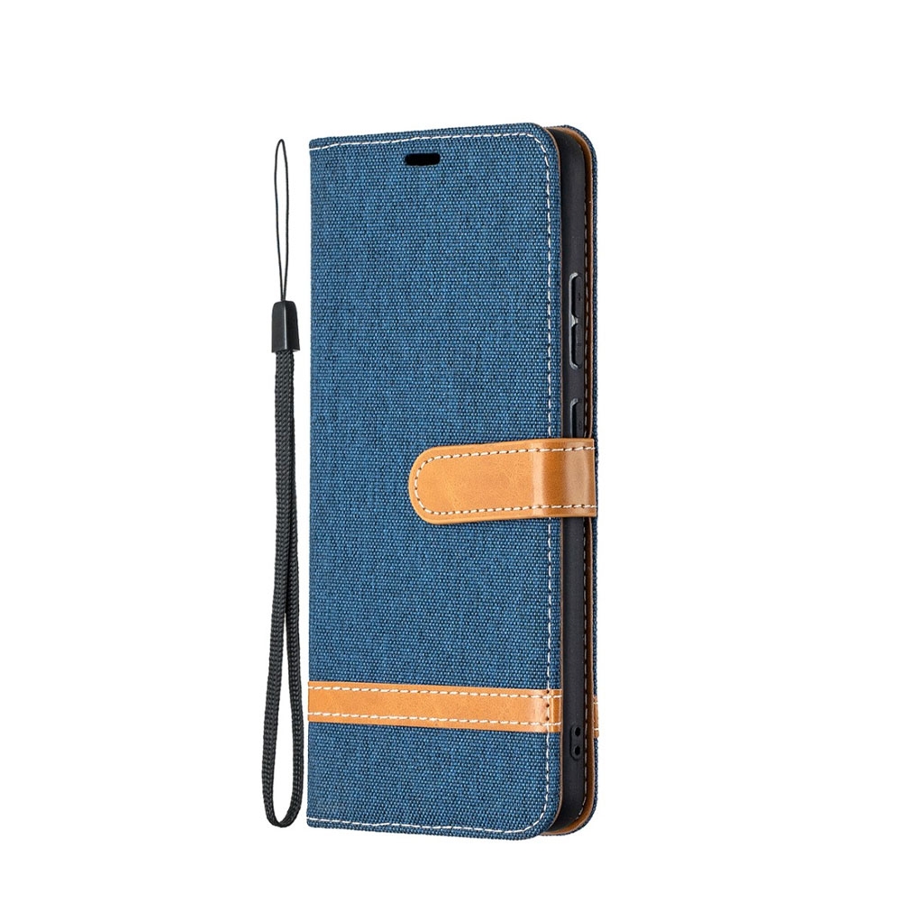 Image of Nokia 2.4 Stoff Tasche im Jeans Look mit Kartenfach + Magnetverschluss - Dunkelblau / Braun bei Apfelkiste.ch