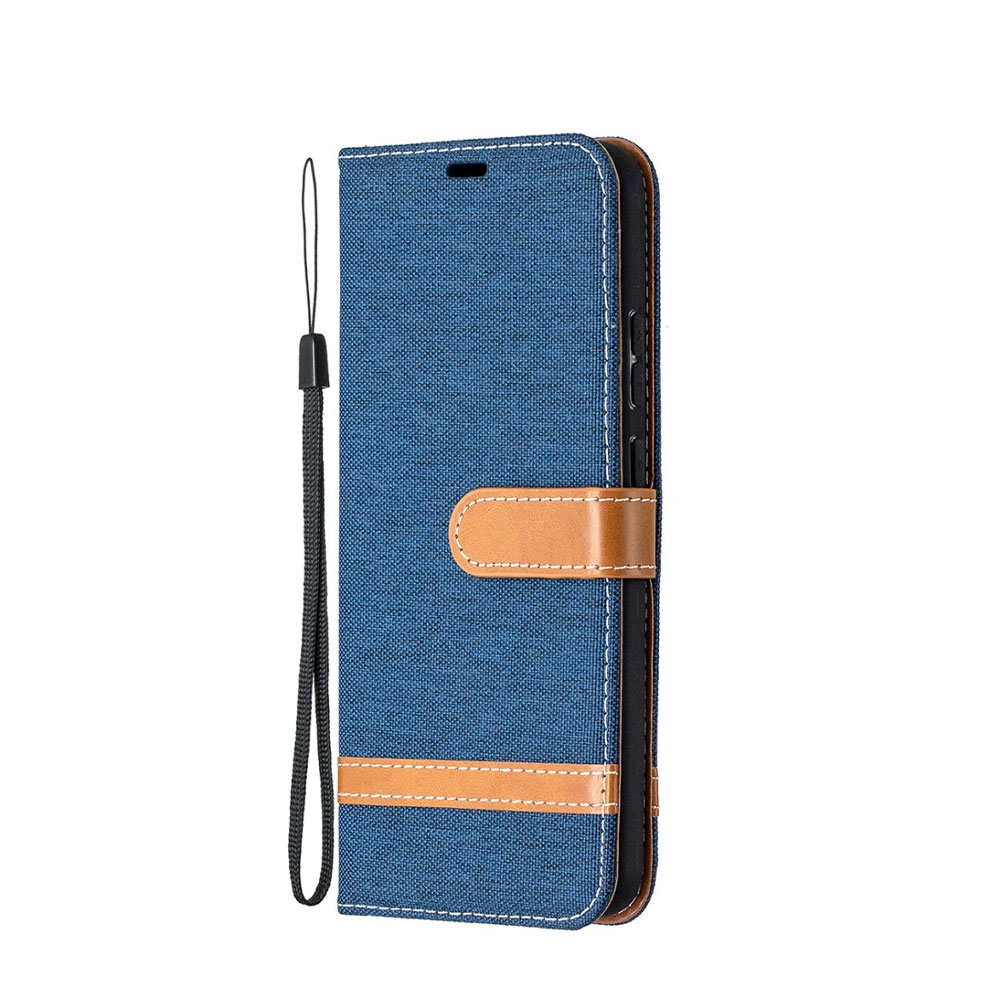 Image of Nokia 3.4 Stoff Tasche im Jeans Look mit Kartenfach + Magnetverschluss - Dunkelblau / Braun bei Apfelkiste.ch