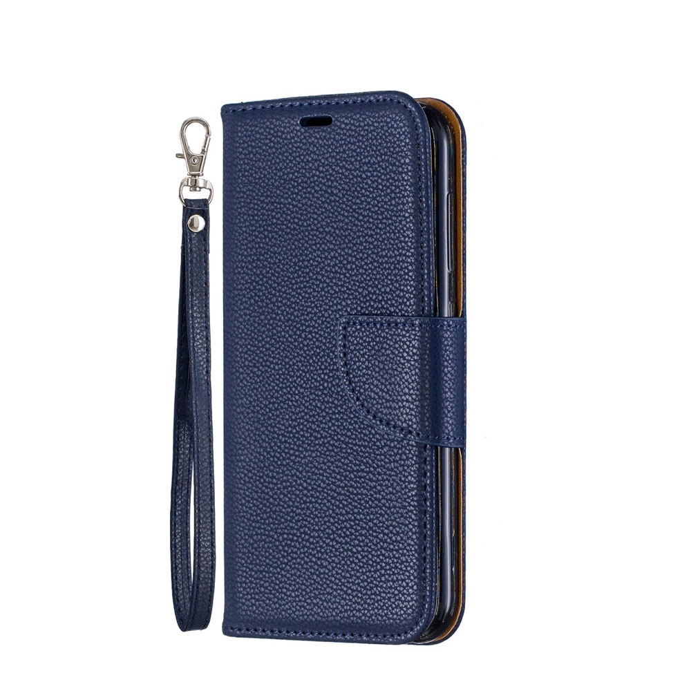 Image of Nokia 4.2 Leder Tasche Flip Cover im Litchi Look mit Kartenfach + Handschlaufe - Dunkelblau bei Apfelkiste.ch