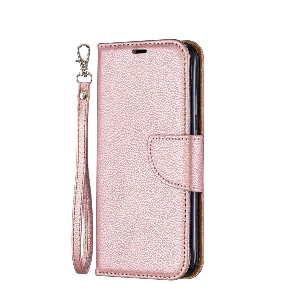 Nokia 4.2 Leder Tasche Flip Cover im Litchi Look mit Kartenfach + Handschlaufe - Roségold