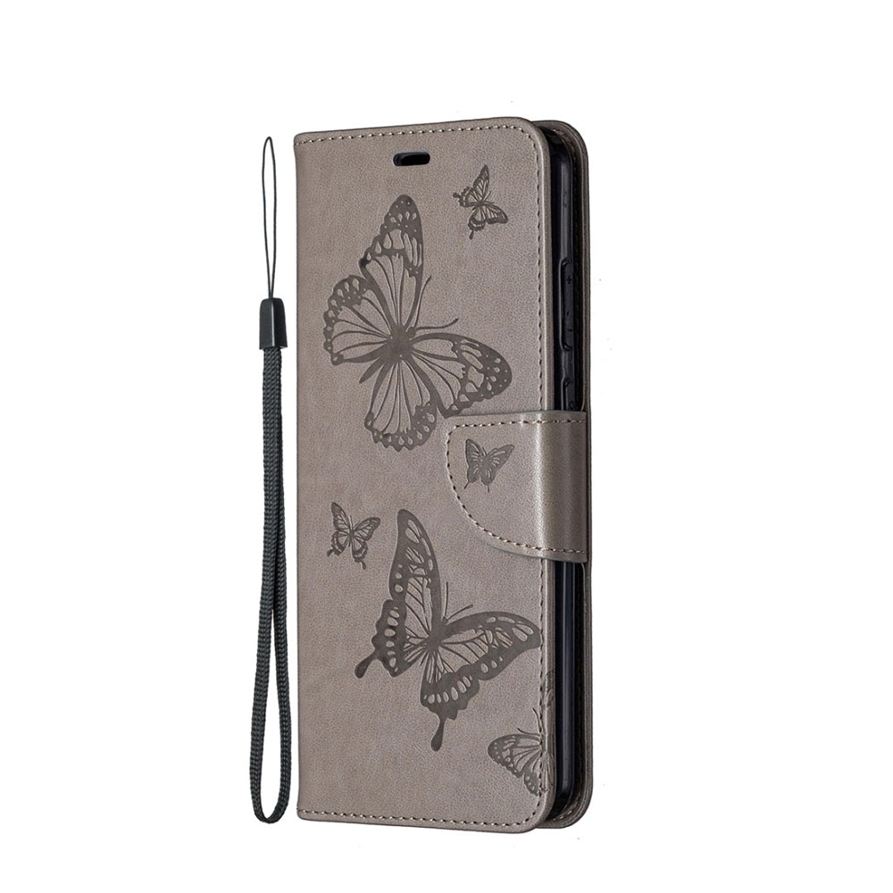 Image of Nokia 5.3 Leder Tasche mit Kartenfach + Handschlaufe Schmetterling - Grau bei Apfelkiste.ch