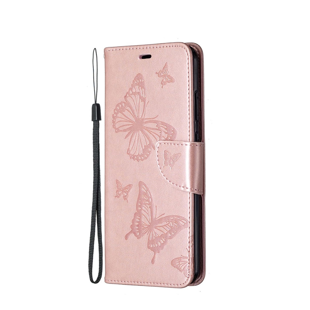 Image of Nokia 5.3 Leder Tasche mit Kartenfach + Handschlaufe Schmetterling - Roségold bei Apfelkiste.ch